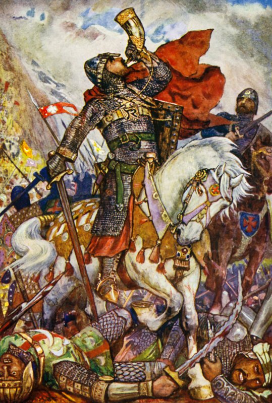 Roland blåser i horn i Roncevaux-dalen av Henry Justice Ford
