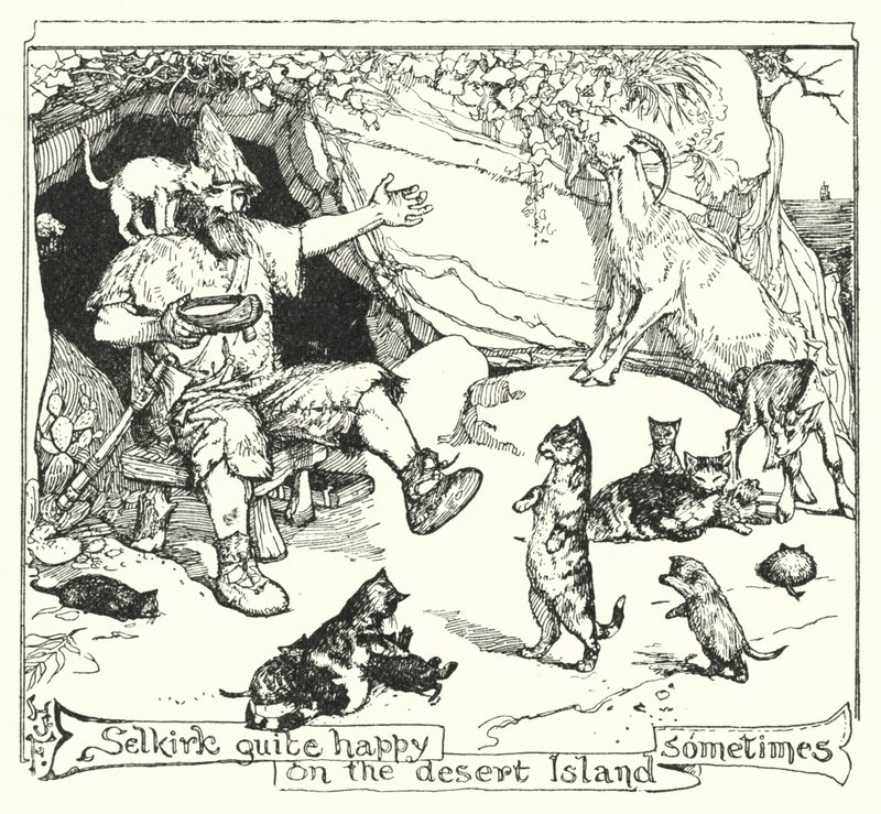 Selkirk ganska glad på den öde ön ibland (litho) av Henry Justice Ford