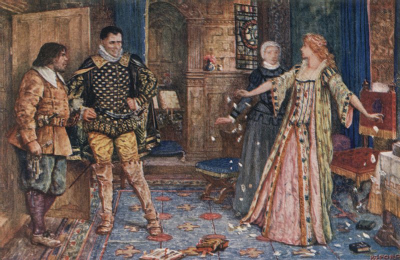 När hon sa, rev hon i bitar Leicesters brev och stämplade på dem när de föll till golvet (färg litho) av Henry Justice Ford