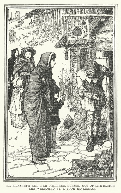 St Elizabeth och hennes barn, vänt ut från slottet, välkomnas av en fattig gästgivare (litho) av Henry Justice Ford