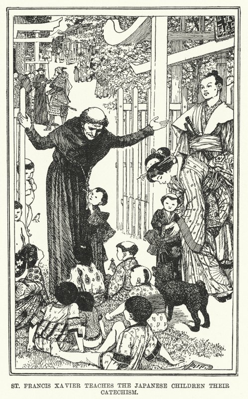 St Francis Xavier lär de japanska barnen deras katekes (litho) av Henry Justice Ford