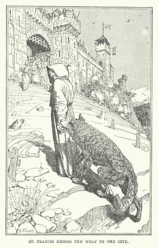 St Francis tar med sig vargen till staden (litho) av Henry Justice Ford