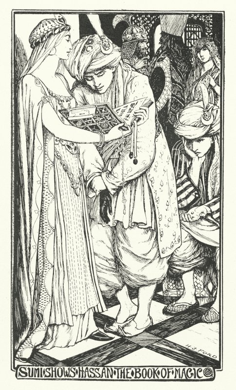Sumi visar Hassan the Book of Magic (gravyr) av Henry Justice Ford