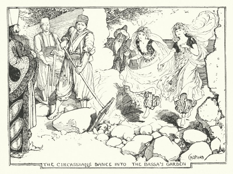 Circassians dansar in i Bassans trädgård (gravyr) av Henry Justice Ford