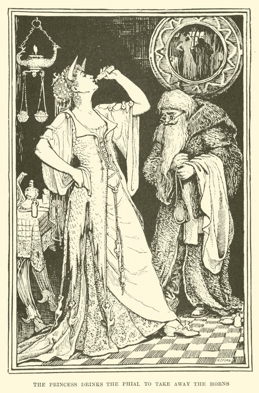 Prinsessan dricker pipan för att ta bort hornen (gravyr) av Henry Justice Ford