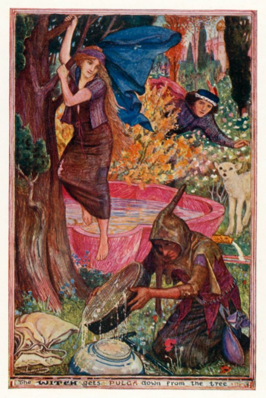 Häxan får ner Pulga från trädet (färg litho) av Henry Justice Ford
