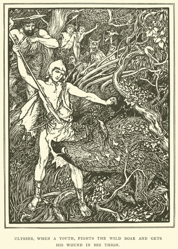 Ulysses, när en ungdom, slåss mot vildsvinet och får sitt sår i låret av Henry Justice Ford