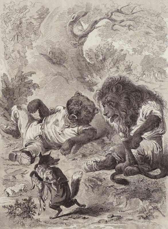 Aesops fabler: Lejonet, björnen och räven (litho) av Henry Louis Stephens