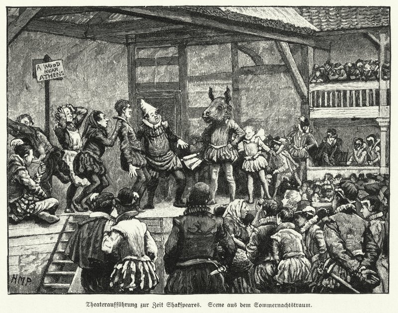 Framförande av William Shakespeares pjäs En midsommarnattsdröm under dramatikerns livstid (litho) av Henry Marriott (after) Paget