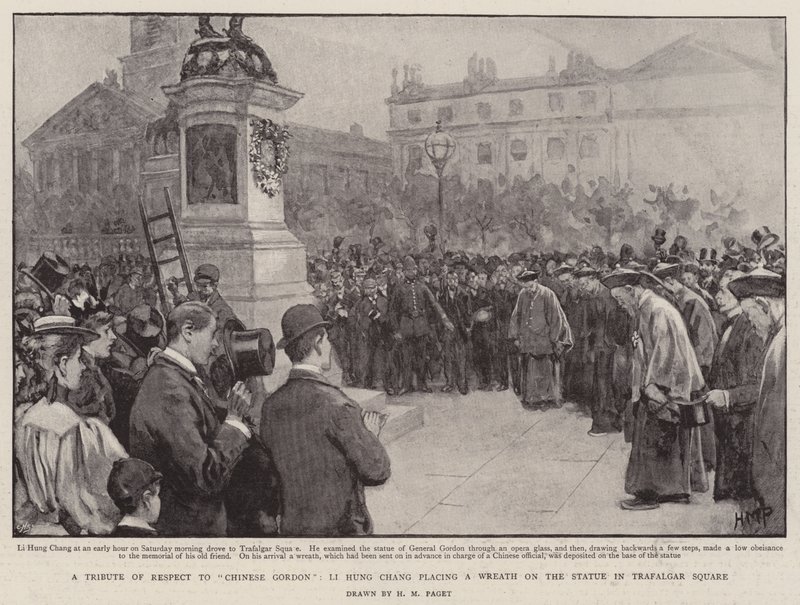 En hyllning av respekt till kinesiska Gordon, Li Hung Chang placerar en krans på statyn på Trafalgar Square av Henry Marriott Paget
