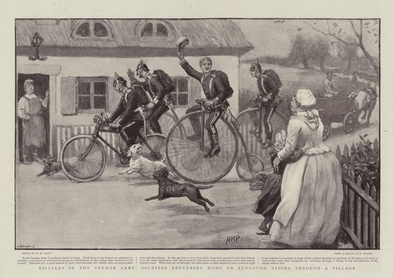 Cyklar i den tyska armén, soldater som återvänder hem på Furlough Ridande genom en by av Henry Marriott Paget