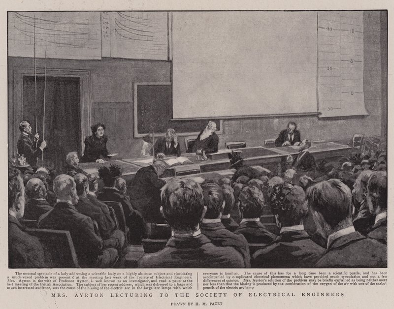 Fru Ayrton föreläser för Society of Electrical Engineers av Henry Marriott Paget