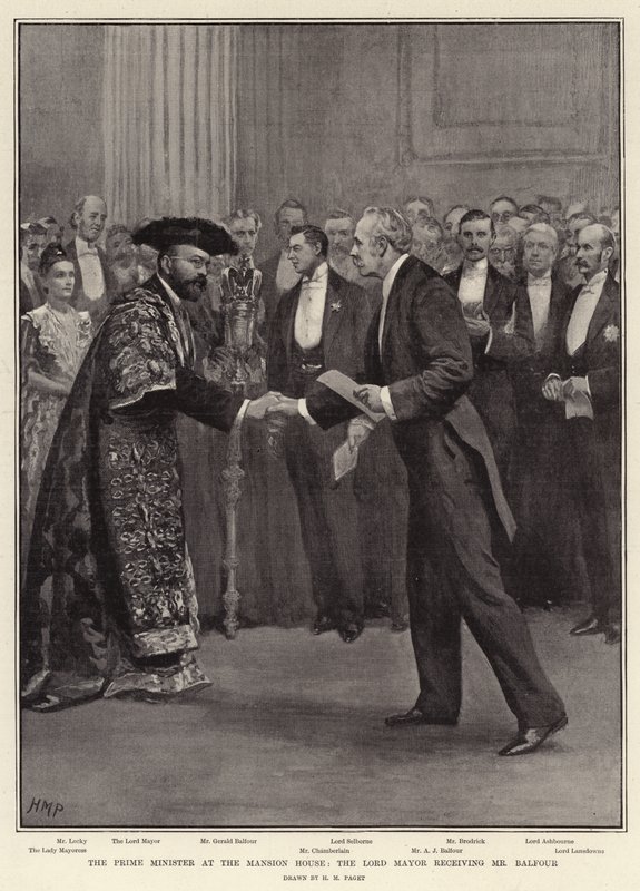 Premiärministern på Mansion House, överborgmästaren tar emot Mr Balfour av Henry Marriott Paget