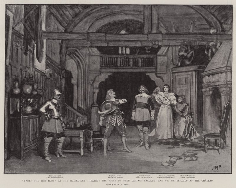 Under den röda dräkten på Haymarket Theatre, scenen mellan kapten Larolle och Gil de Berault på slottet av Henry Marriott Paget