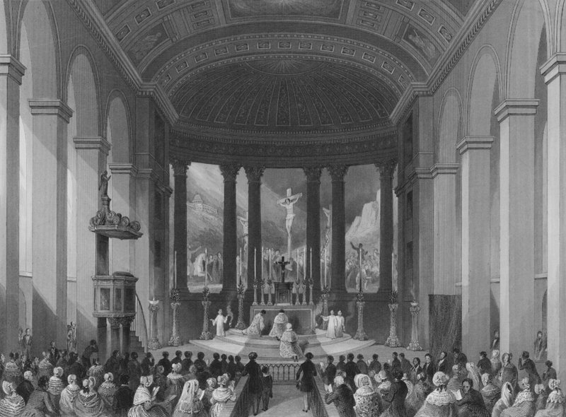 Firande av högmässa på juldagen, romersk-katolska kapellet, Moorfields, City of London (gravyr) av Henry Melville