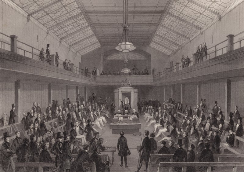 Talmannen tillrättavisar en person i baren i House of Commons, Westminster, London (gravyr) av Henry Melville