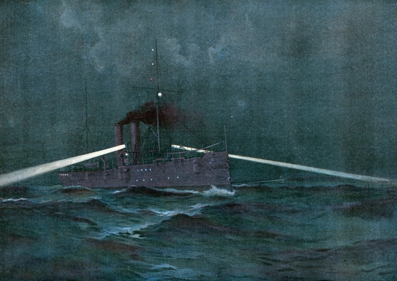 Upprätthållandet av neutralitetslagarna med Spanien, kryssaren Montgomery och pistolbåten Annapolis patrullerar kubanska vatten på jakt efter en filibustering Schooner av Henry Reuterdahl