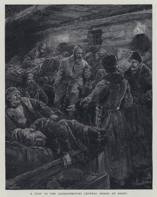 Ett besök i Alexandrofski Central Prison at Night (litho) av Henry Sandham