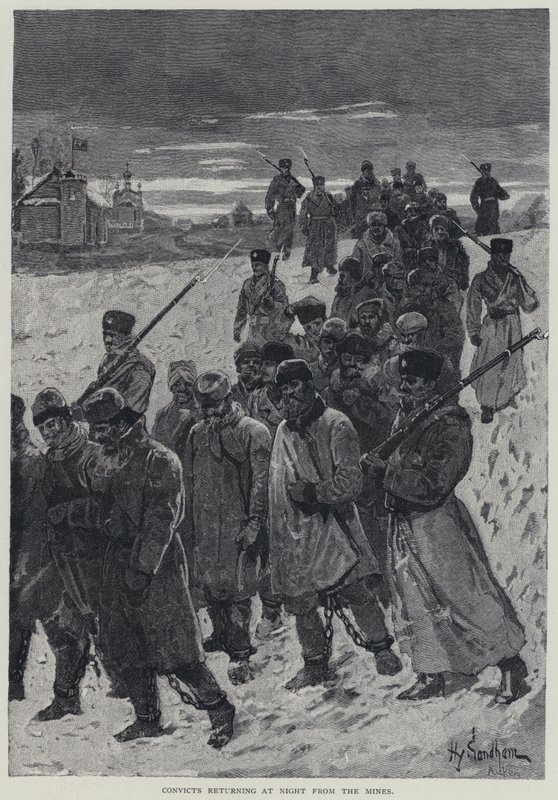 Kara, fångar som återvänder på natten från gruvorna (litho) av Henry Sandham