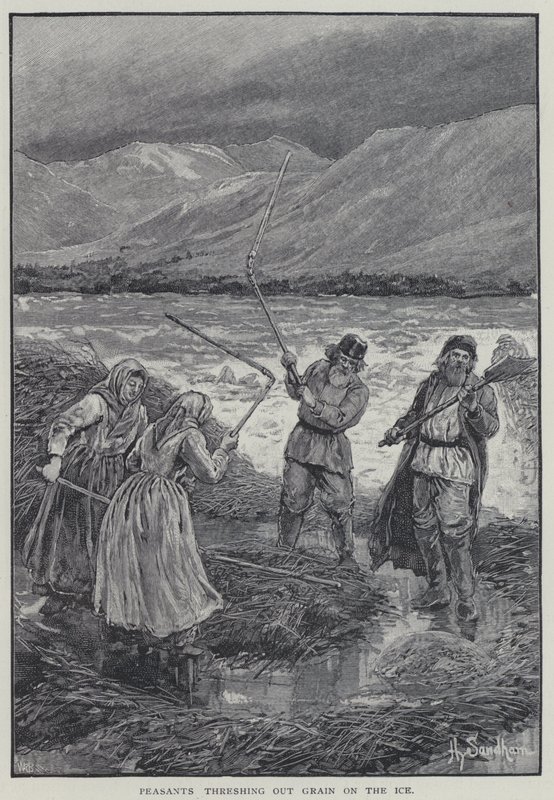 Bönder som tröskar säd på isen (litho) av Henry Sandham