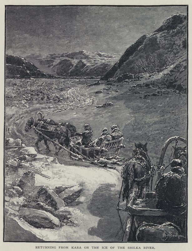 Återvänder från Kara på Shilkaflodens is (litho) av Henry Sandham