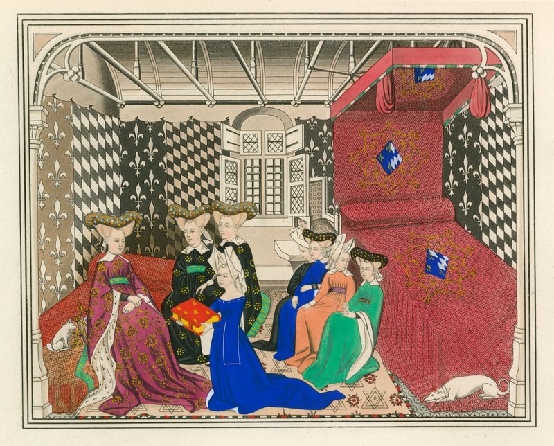 Christine de Pisan, presenterar sin bok för drottningen av Frankrike, tidigt 1400-tal av Henry Shaw