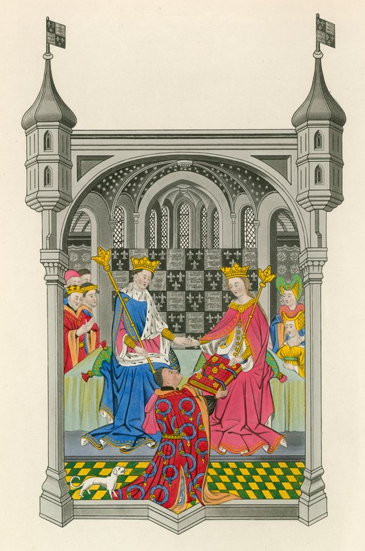 John Talbot, Earl of Shrewsbury, presenterar sin bok för drottning Margareta, illustration från "Dresses and Decorations" av Henry G. Bohn. av Henry Shaw