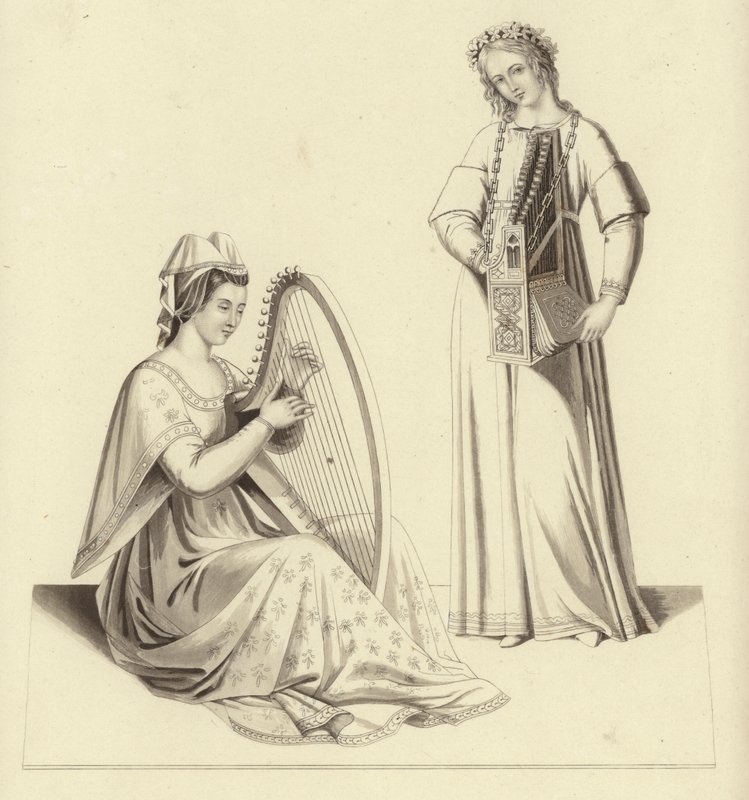 Damer som spelar på harpa och orgel, början av 1300-talet av Henry Shaw