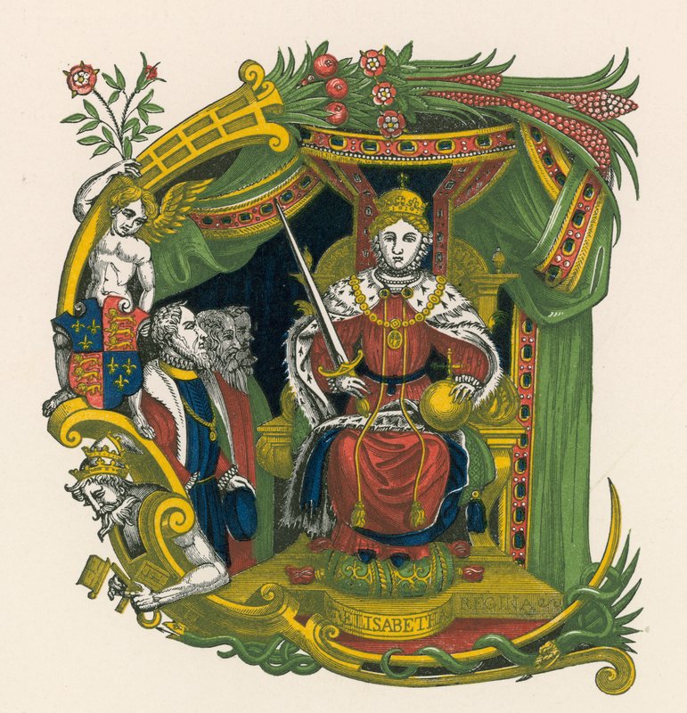 Prydnadsbokstaven E, med porträtt av drottning Elizabeth I av Henry Shaw