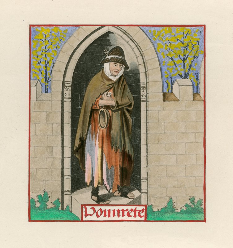 Fattigdom, från Rosens roman, ca 1480, i British Museum, Harl M S 4425 av Henry Shaw