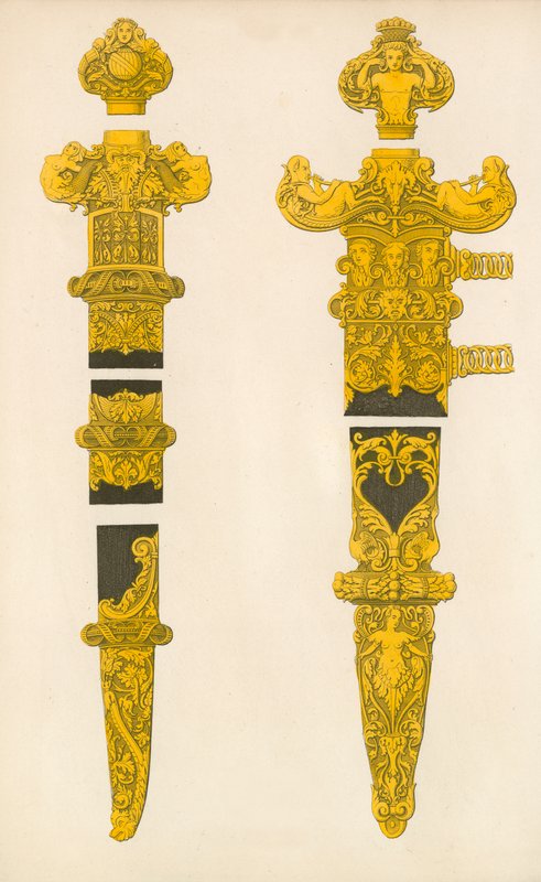 De dekorativa delarna av en dolk och ett svärd, designade av Holbein, tidigt 1500-tal av Henry Shaw