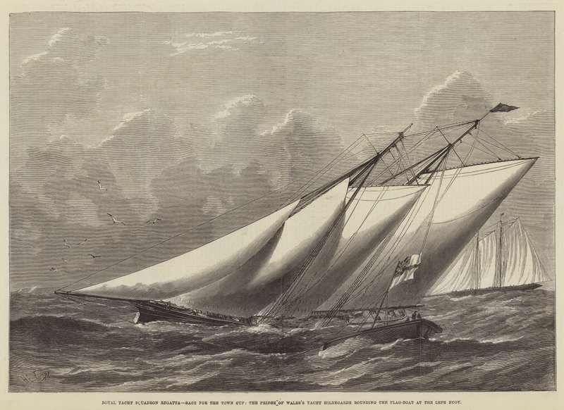 Royal Yacht Squadron Regatta, tävling om Town Cup, Prinsens av Wales yacht Hildegarde rundar flaggbåten vid Lepe-båten. av Henry Spernon Tozer