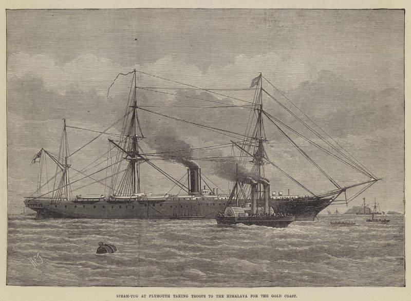 Steam-Tug vid Plymouth tar trupper till Himalaya för Gold Coast av Henry Spernon Tozer