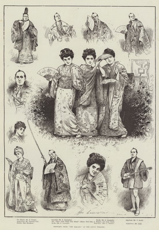 Skisser från "The Mikado" på Savoy Theatre (gravyr) av Henry Stephen (b.1861 fl.1880 1925) Ludlow