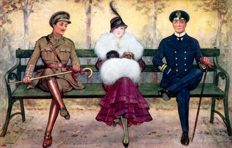 Flicka på bänk, med soldat och sjöman på båda sidor av Henry Stephen Ludlow