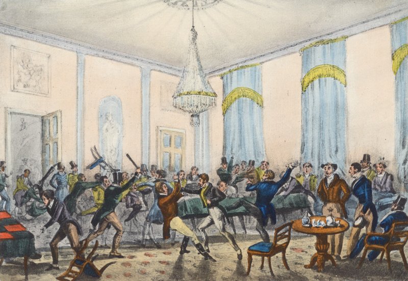 En hel rad i ett helvete, Mytton visar slagsmål (litografi) av Henry Thomas (after) Alken