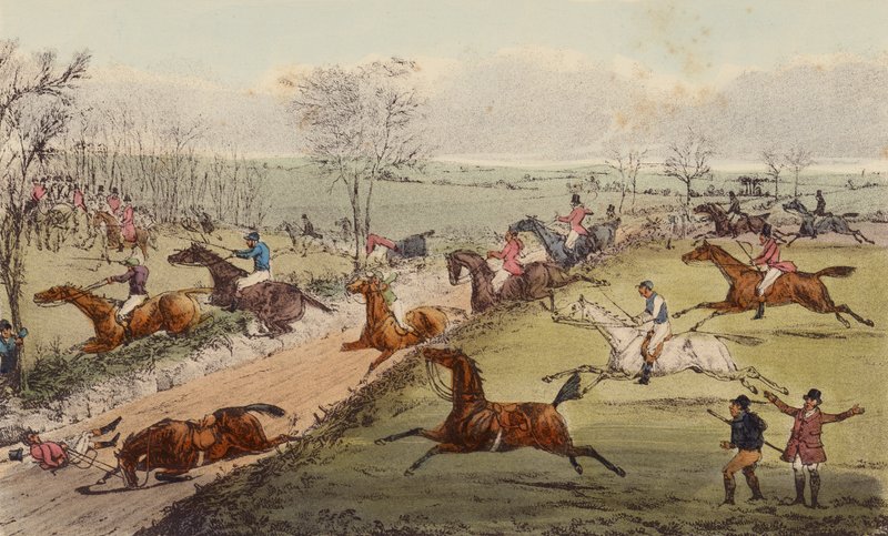 A Steeple-Chase, The Sunken Road (färg litho) av Henry Thomas (after) Alken