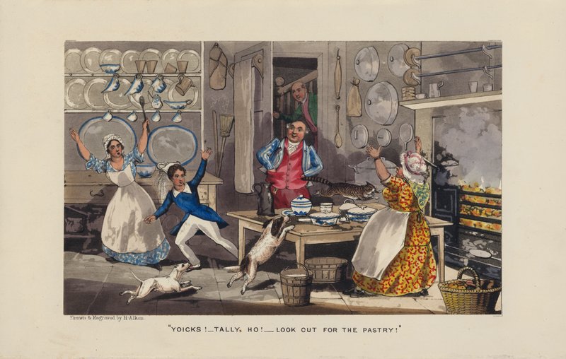 Kaos i köket (färgad gravyr) av Henry Thomas (after) Alken