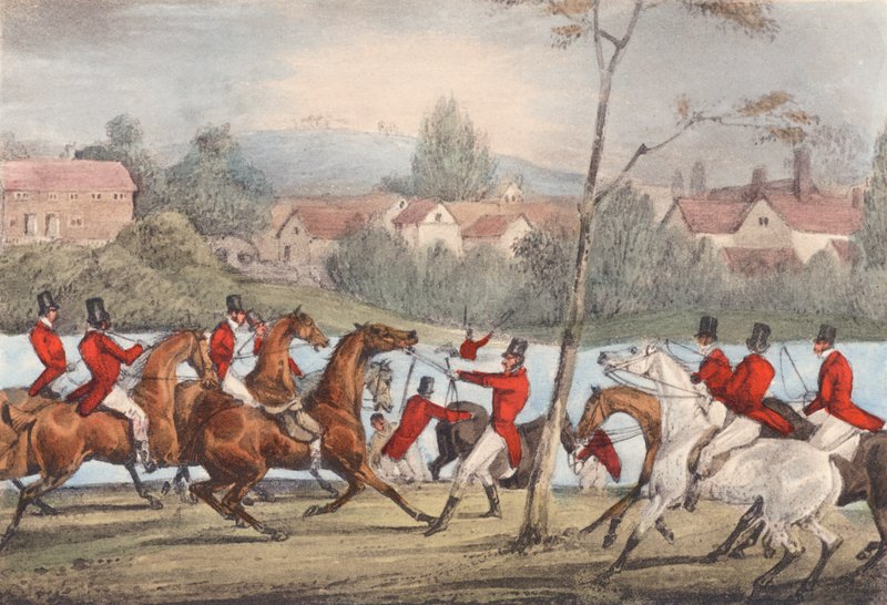 Mytton simmar i Severn vid Uppington Ferry, "Den som kallar sig sportsman, låt honom följa mig!" (litografi) av Henry Thomas (after) Alken