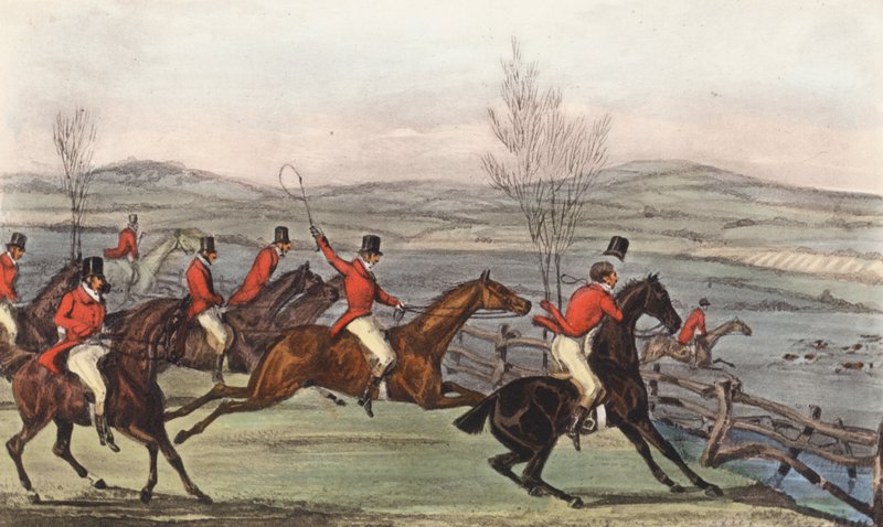 "Nu för Shropshires ära!" Shavington-dagen; ett försök med rivaliserande packningar, och följaktligen med rivaliserande ryttare (litografi) av Henry Thomas (after) Alken
