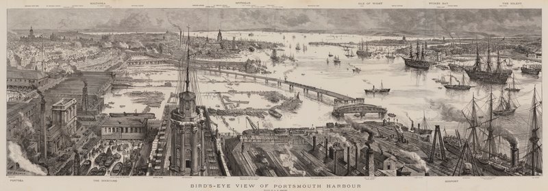 Fågelperspektiv över Portsmouths hamn av Henry William Brewer