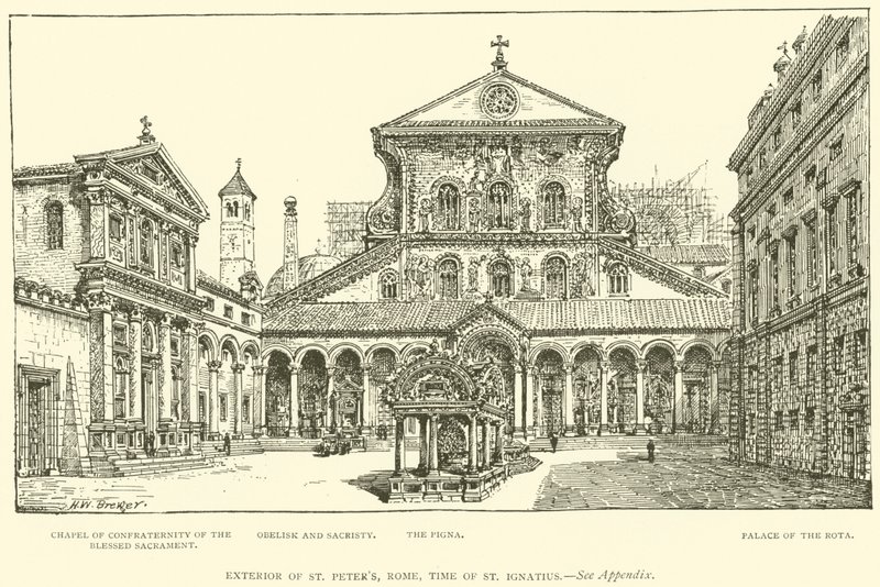 Exteriör av Peterskyrkan, Rom, tiden för St Ignatius (gravyr) av Henry William Brewer