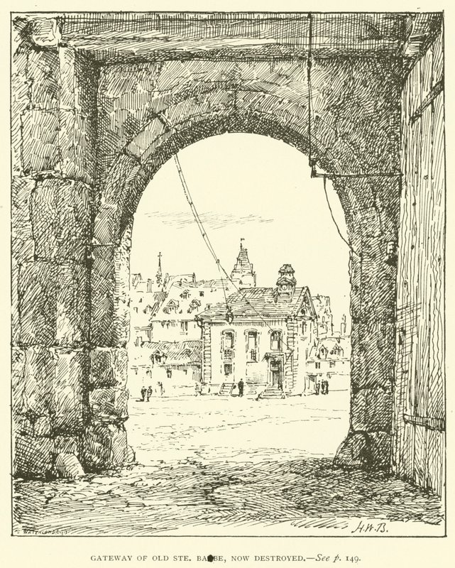 Porten till Old Ste Barbe, nu förstörd (gravyr) av Henry William Brewer
