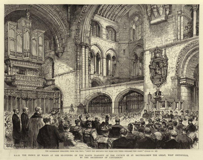 H R H prinsen av Wales vid återöppningen av norra tvärskeppet av Church of St Bartholomew the Great, West Smithfield, av ärkebiskopen av Canterbury av Henry William Brewer