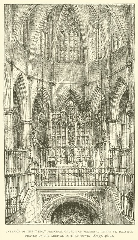Interiör av "Seo", huvudkyrkan i Manresa, där St Ignatius bad vid sin ankomst till den staden (gravyr) av Henry William Brewer