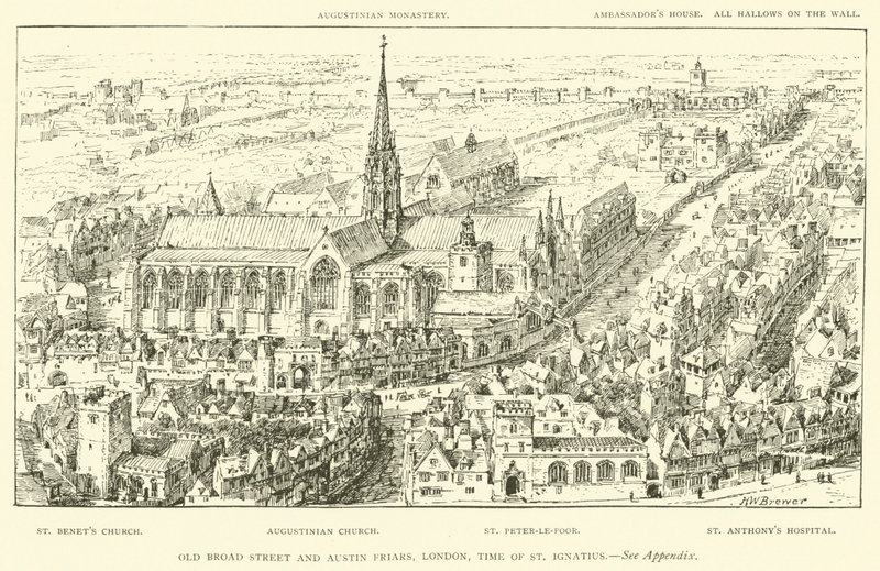 Old Broad Street och Austin Friars, London, tiden för St Ignatius (gravyr) av Henry William Brewer
