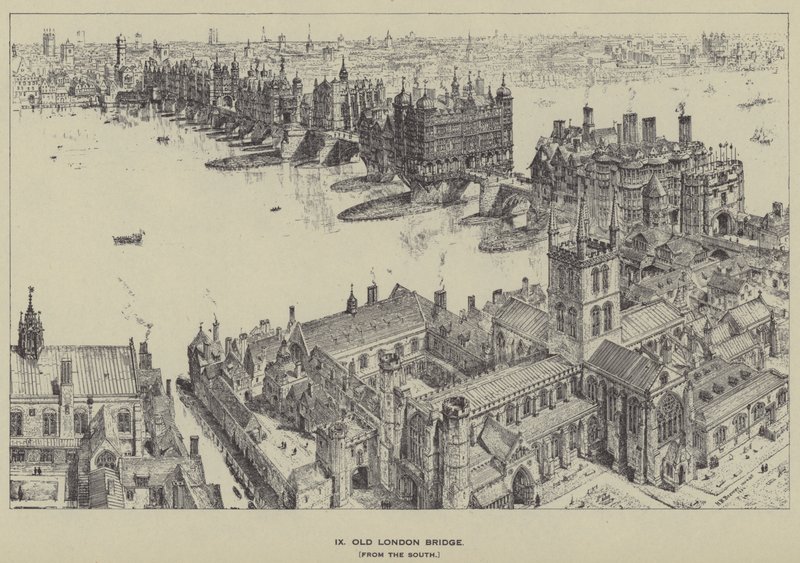 Old London Bridge, från söder av Henry William Brewer