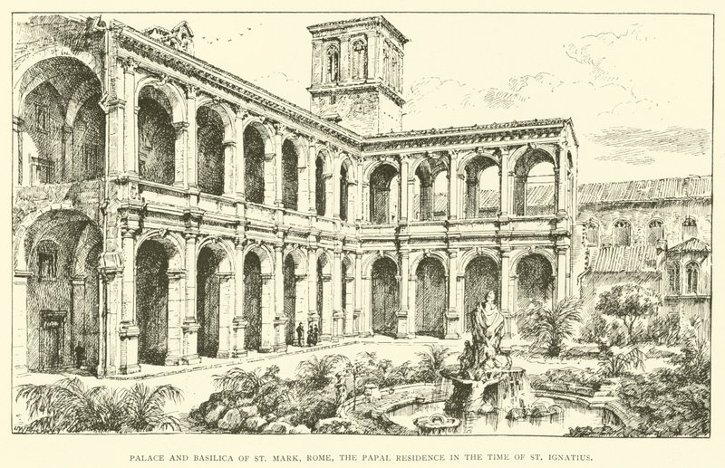 Palatset och basilikan St Mark, Rom, den påvliga residenset under St Ignatius tid (gravyr) av Henry William Brewer
