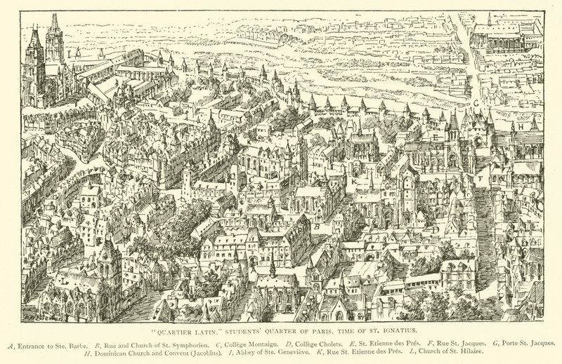 "Quartier Latin," Studentkvarteret i Paris, tiden för St Ignatius (gravyr) av Henry William Brewer