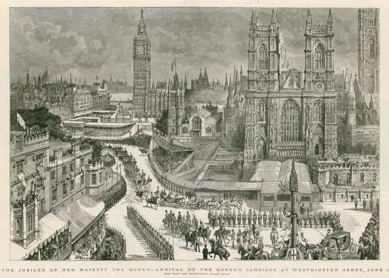 Hennes Majestät Drottningens jubileum - ankomsten av drottningens vagn till Westminster Abbey av Henry William Brewer